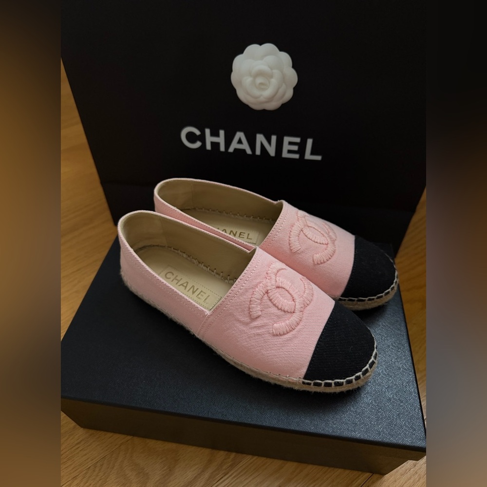 Authentic Chanel pink denim espadrilles